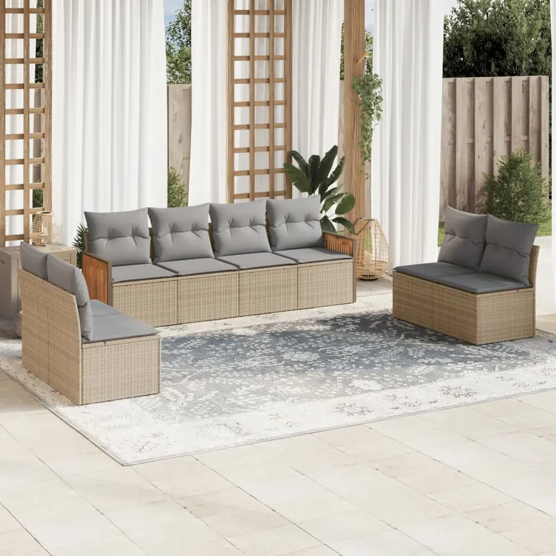 vidaXL Matgrupp för trädgården med dynor 8 delar beige konstrotting (#5374)