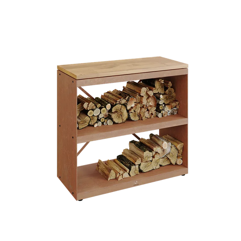 OFYR Wood Storage Dressoir Förvaringshylla cortenstål, toppskiva i gummiträ