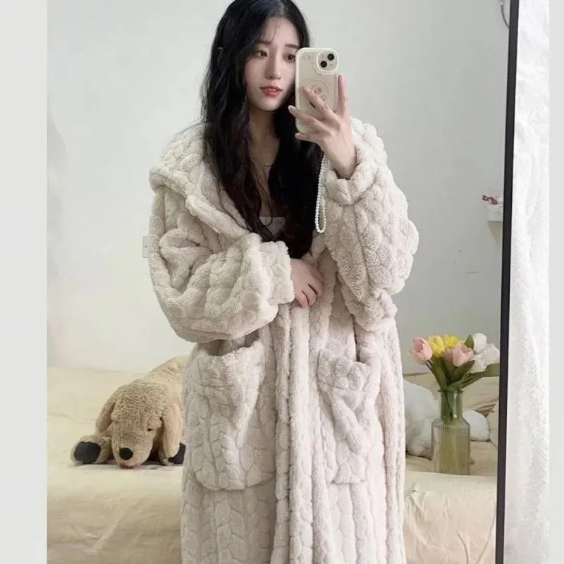 Lommekåpe for kvinner Nattøy Vinter Nattskjorte Nattklær Varm Fleece Pyjamas Ett Stykke Nattkjole Hette Sovetøy Hjemmeklær L