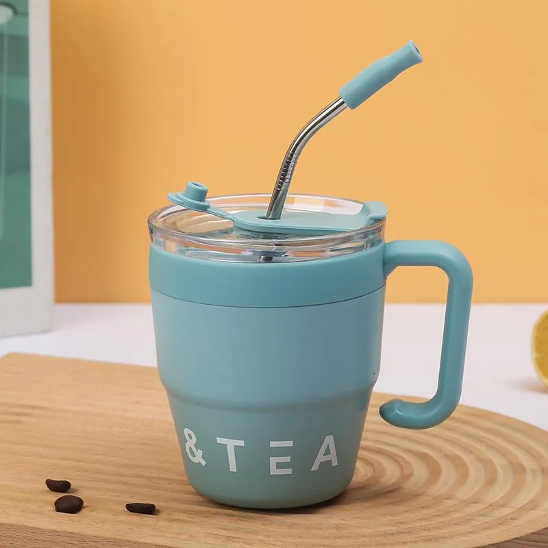 480ml Kaffekopp med Sugrörslock Termosmugg i Rostfritt Stål för Varma Kalla Drycker Vatten Te Mjölk Kontor Utomhus Bärbar Flaska 480ml blå