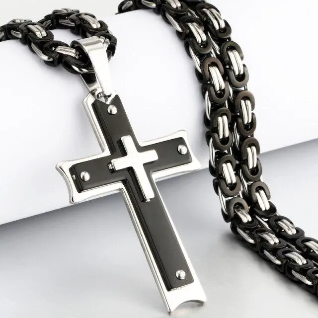 Heavy Duty Cross Pendant Halsband Herr Guld Rostfritt Stål Bysantinsk Kedja Herr Halsband 60cm (#6339)