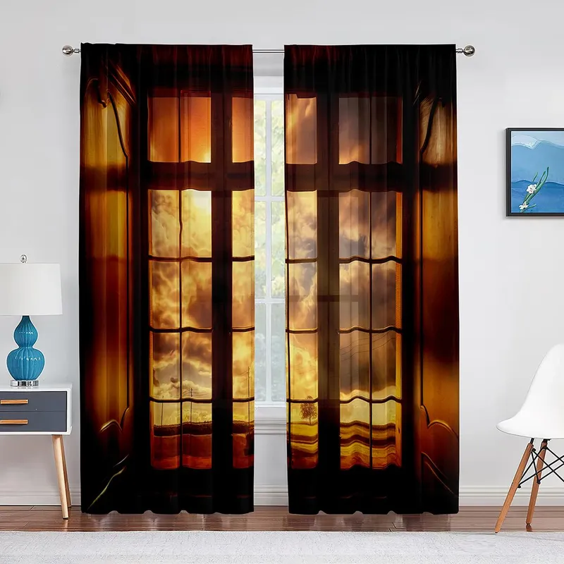 Strand Hav Hav Palmetre Vinduer Natur Rene gardiner til stue Kjøkken Tyll Vinduer Voile Gardiner til soveromsinnredning 1 PCS W100XH250cm&Grommet Top