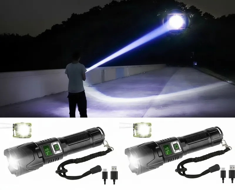 LED Ficklampa A09 set - 6000 Lumen, 50W, Uppladdningsbar & Taktisk & COB survival överlevnad