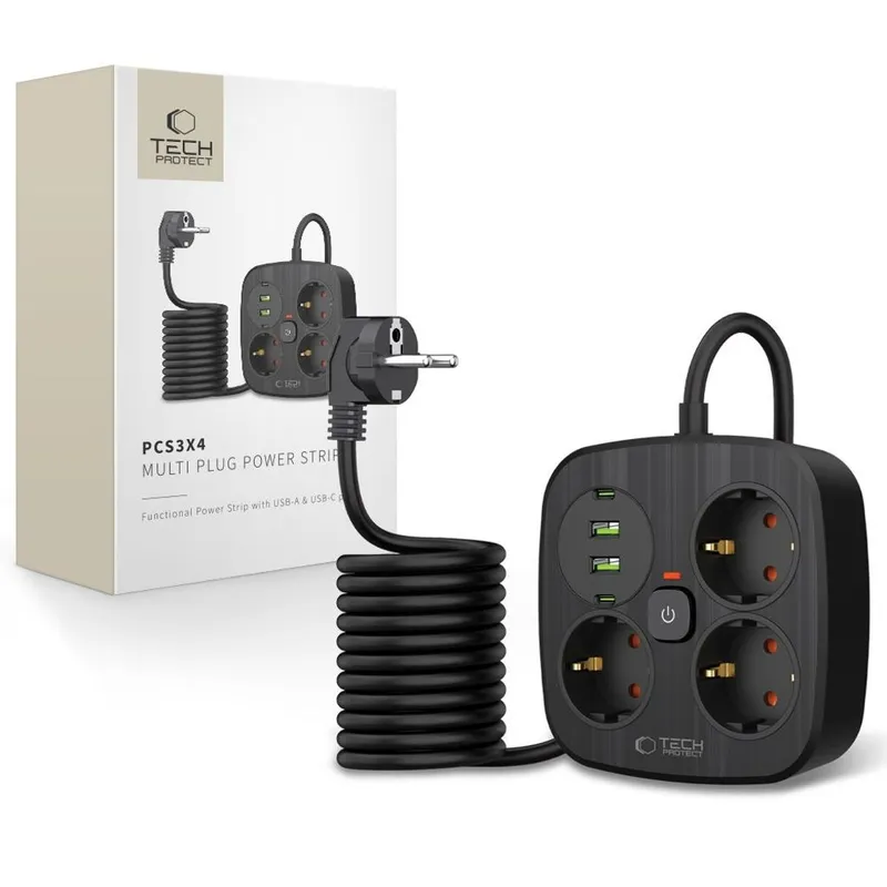 Tech-Protect PCS3X4 Power Strip 3 AC Outlets 2xUSB-A 2xUSB-C 200 cm - Black