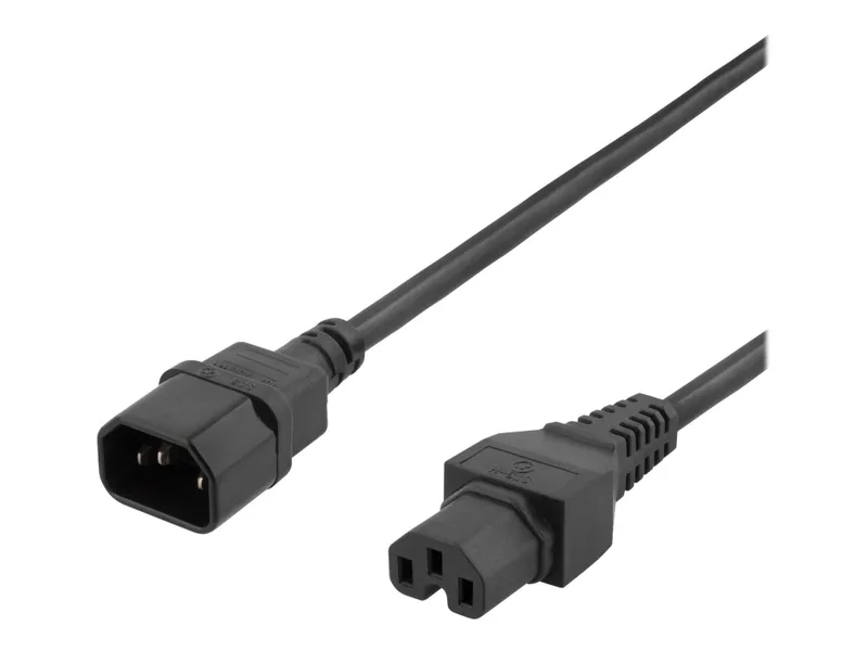 DELTACO – Förlängningskabel för ström – IEC 60320 C15 rak till IEC 60320 C14 rak – 250 V – 10 A – 50 cm – svart