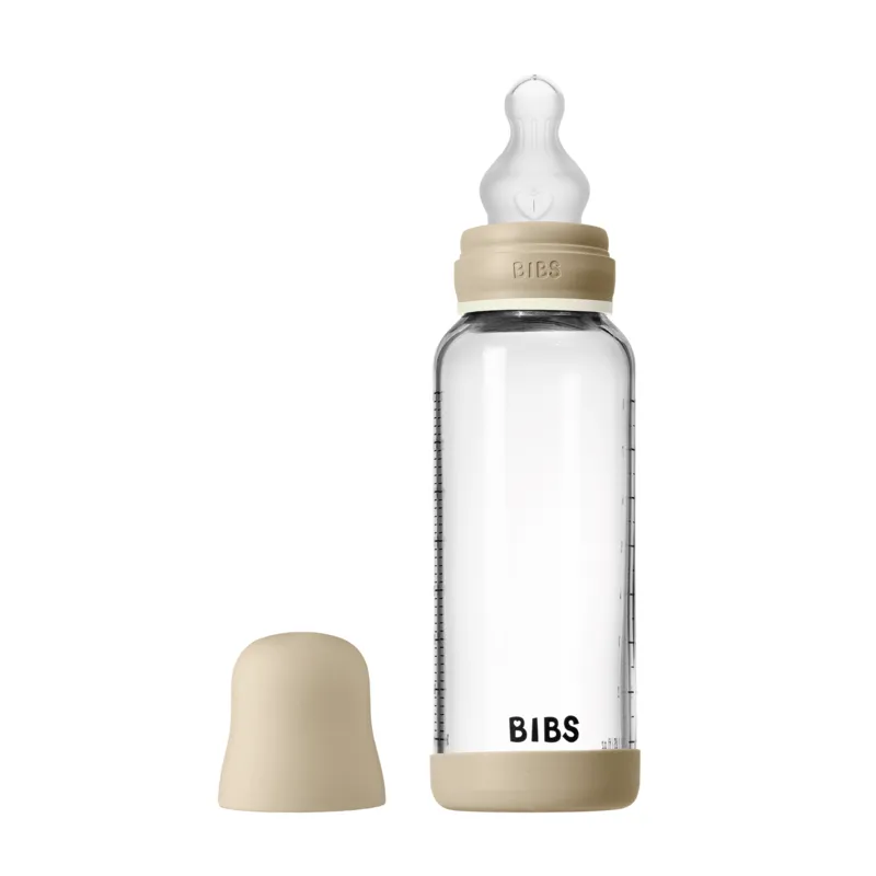 BIBS Glass Baby Bottle Round Silicone Medium Flow Vanilla GLOW 240 ml