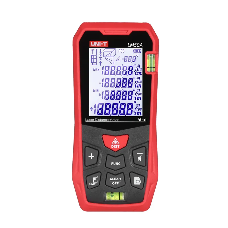 UNI-T LM50A Laseravståndsmätare 50M med 2 vattenpass LCD-bakgrundsbelyst display Pythagoras 50m range röd svart färg