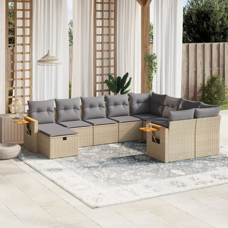 vidaXL Soffgrupp för trädgård med dynor 10 delar beige konstrotting (#1246)