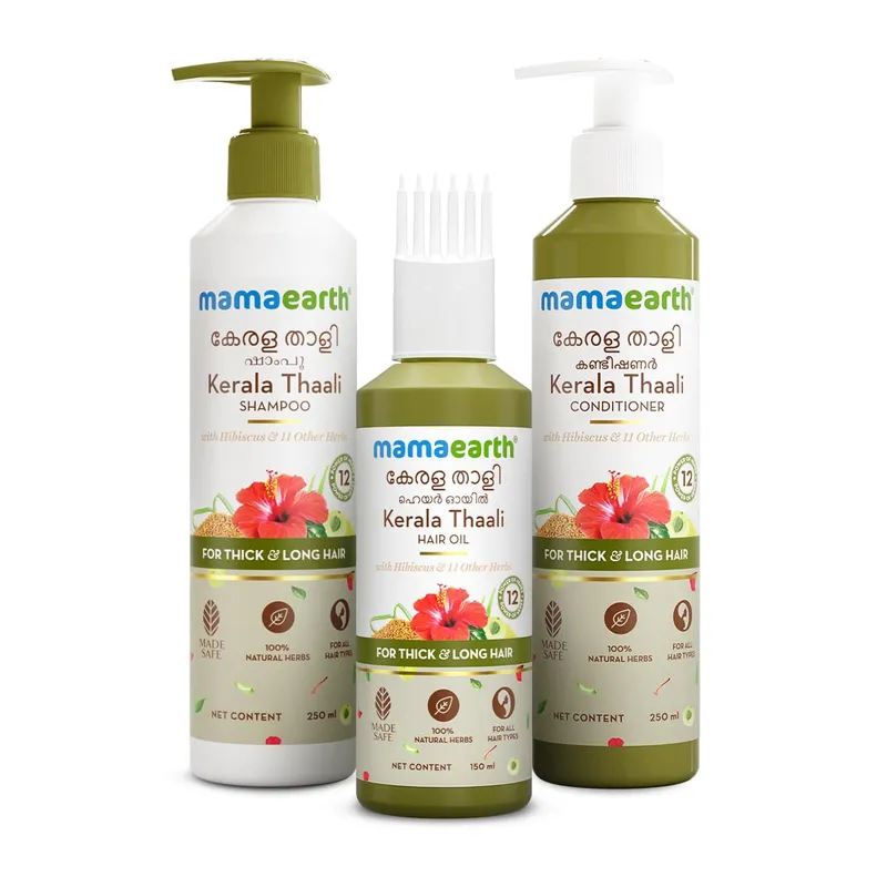 Mamaearth Kerala Thaali Hårvårdskit med 12 örter - 150 ml Olja + 250 ml Schampo + 250 ml Balsam För Långt Starkt Tjockt Hår
