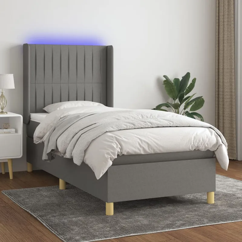 vidaXL Ramsäng med madrass & LED mörkgrå 90×190 cm tyg (#6073)