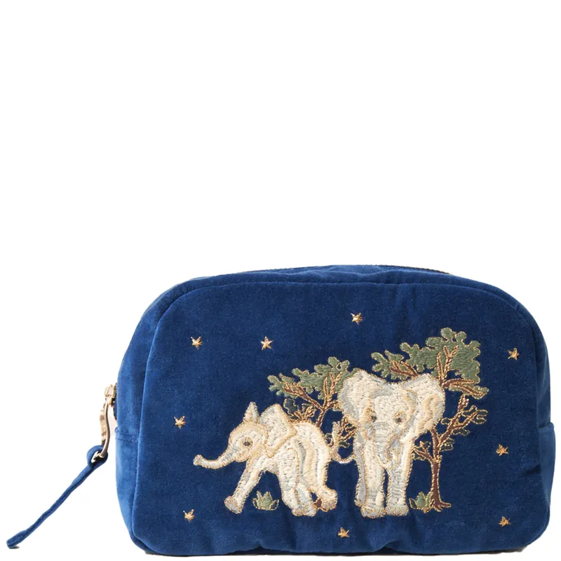 Elizabeth Scarlett Baby Elephant Conservation Navy Velvet Makeup Bag
