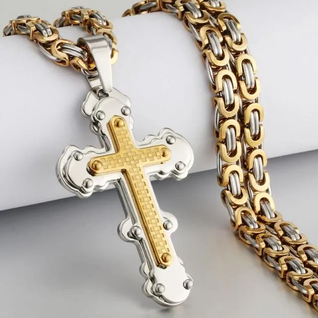 Heavy Duty Cross Pendant Halsband Herr Guld Rostfritt Stål Bysantinsk Kedja Herr Halsband 65cm (#6759)