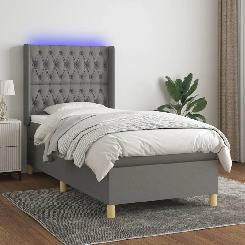 vidaXL Ramsäng med madrass & LED mörkgrå 90×190 cm tyg (#6875)