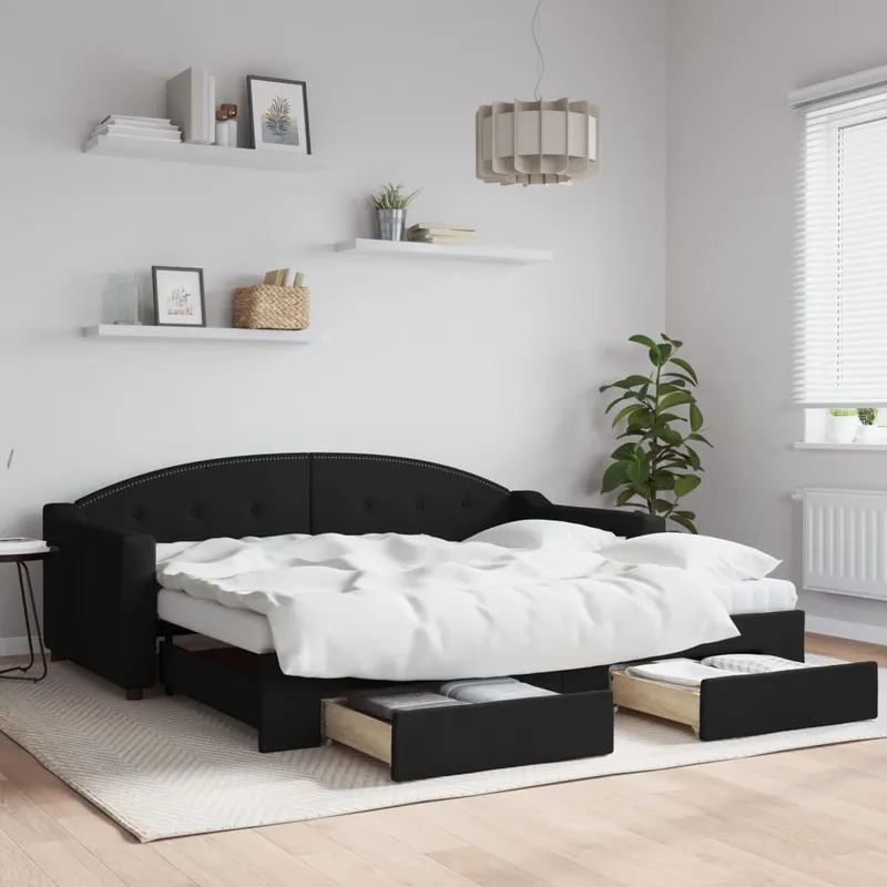 vidaXL Dagbädd utdragbar med lådor svart 90×190 cm tyg (#9528)