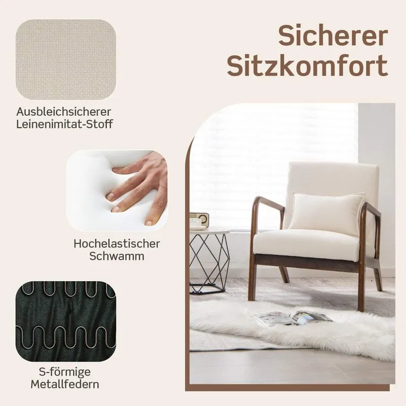 Beige Lounge Chair - Ergonomisk, vadderad, träram