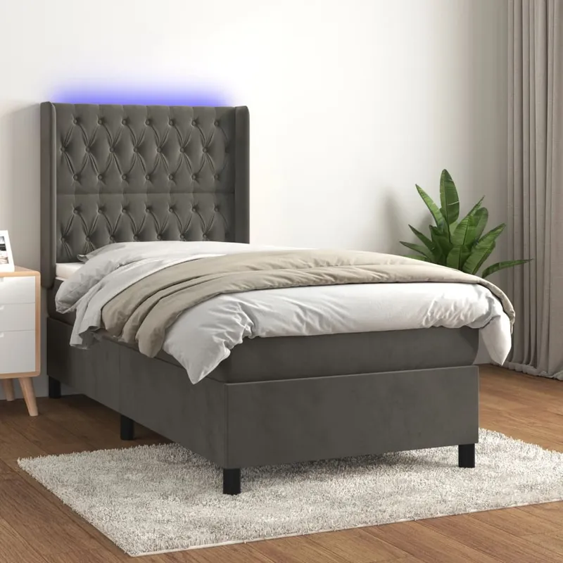 vidaXL Ramsäng med madrass & LED mörkgrå 90×200 cm sammet (#3316)