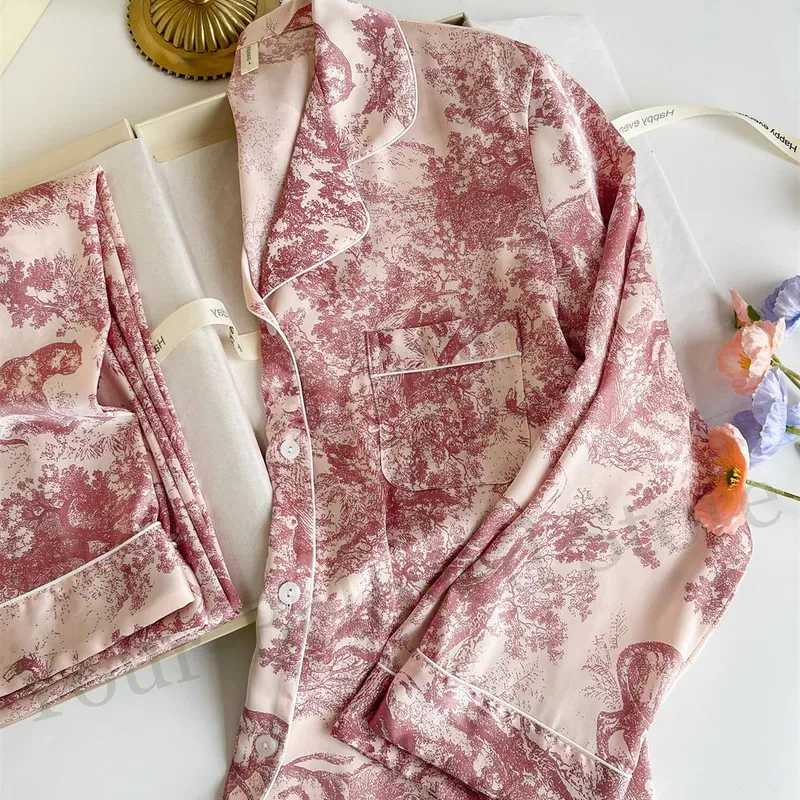 Rødt trykk Pyjamassett Langermet Pyjamas Dame Loungewear Hjemmeklær Myk Viskose Pyjamas 2-delt Sett Nattøy Dame Loungewear XL Rød