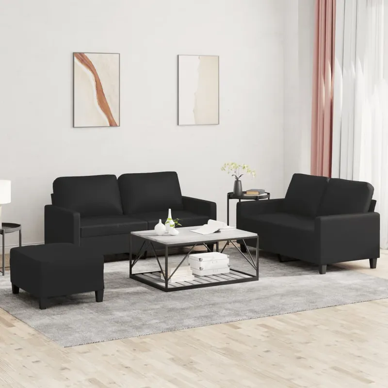 vidaXL Soffgrupp med dynor 3 delar svart konstläder (#3808)
