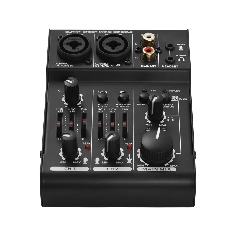 Mini 3-kanals ljudkort mixerkonsol Digital ljudmixer Inbyggd 48V Phantom Power 5V USB svart