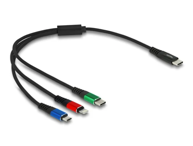Delock 3-i-1-laddningskabel USB-C till Lightning / Micro USB / USB-C, 30 cm