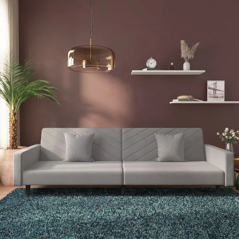 vidaXL Bäddsoffa 2-sits med två kuddar ljusgrå sammet