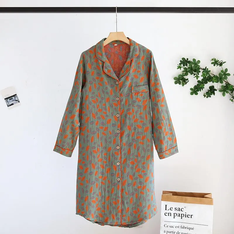 Ny vår- og sommerdame-nattkjole 100% bomull bladblomst langermet kjole stor hjemmekjole retro langermet kjole XL (#9845)