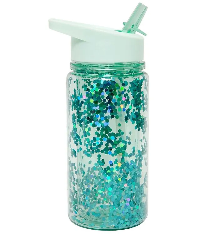 Petit Monkey Vattenflaska m. Sugrör - 300 ml - Grön m. Glitter
