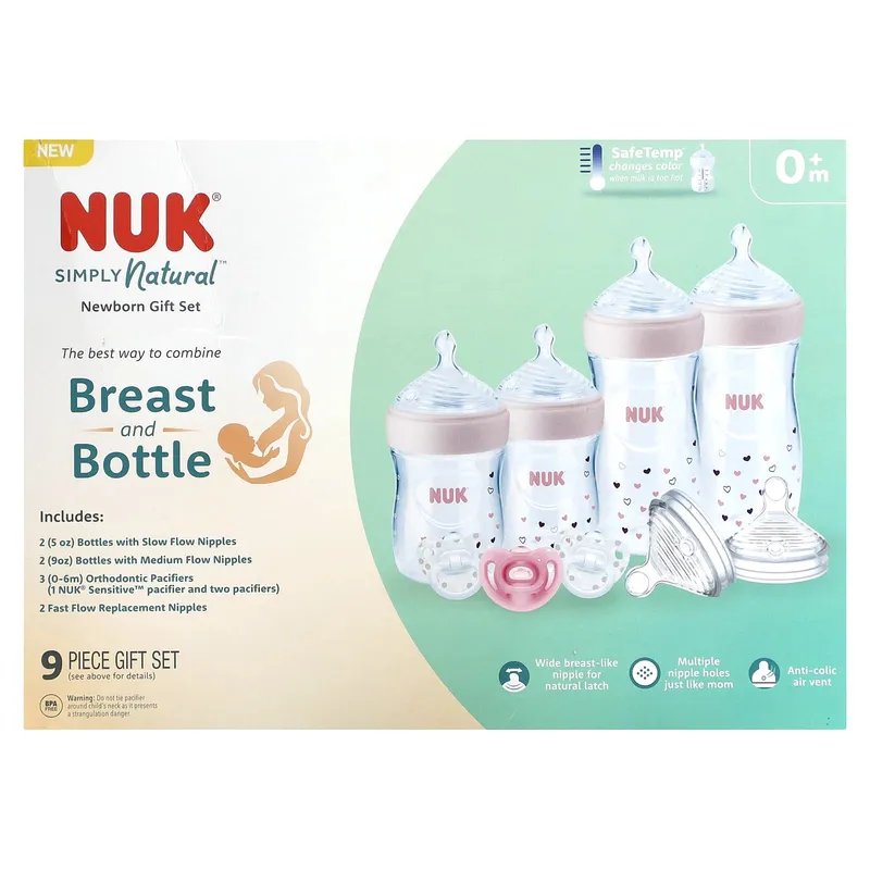 NUK, Simply Natural Babyflaska med SafeTemp, Nyfödd Presentförpackning, Åldrar 0+, 9 Delar