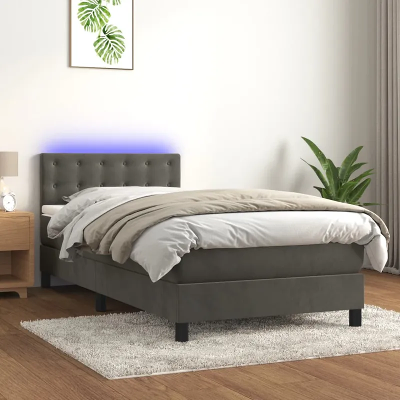 vidaXL Resårsäng med madrass och LED mörkgrå 90×200 cm sammet (#1464)