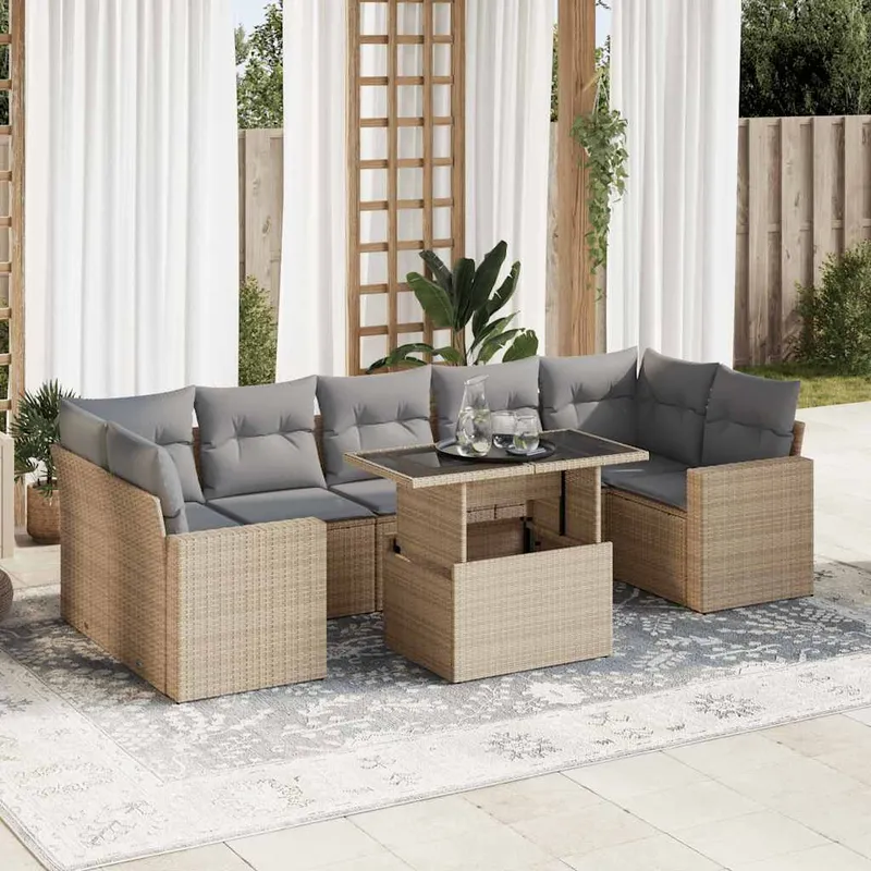 vidaXL Matgrupp för trädgården med dynor 8 delar beige konstrotting (#7168)