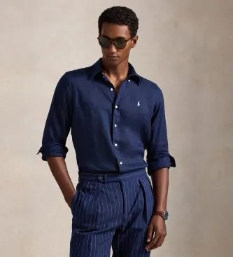 Polo Ralph Lauren för män. 710966294504 Linne skjorta med passform marinblå (S), Casual, Lino, Lång ärm, Marino