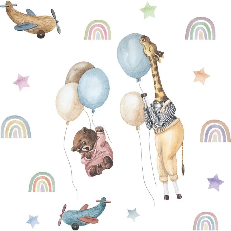 Väggdekal – Giraff och björn med ballonger