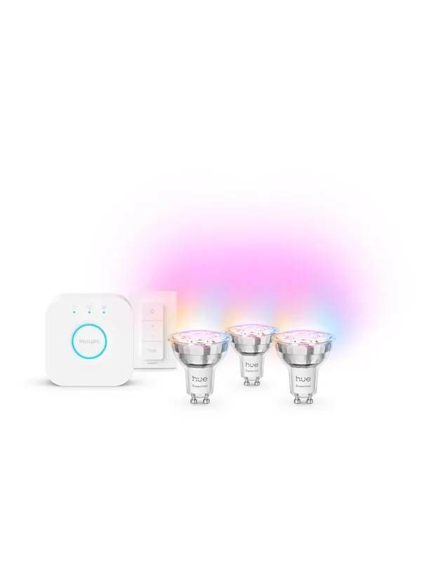Philips Hue Essential startpaket: 3 st GU10 ljuskällor + Dimmer Switch + Bridge