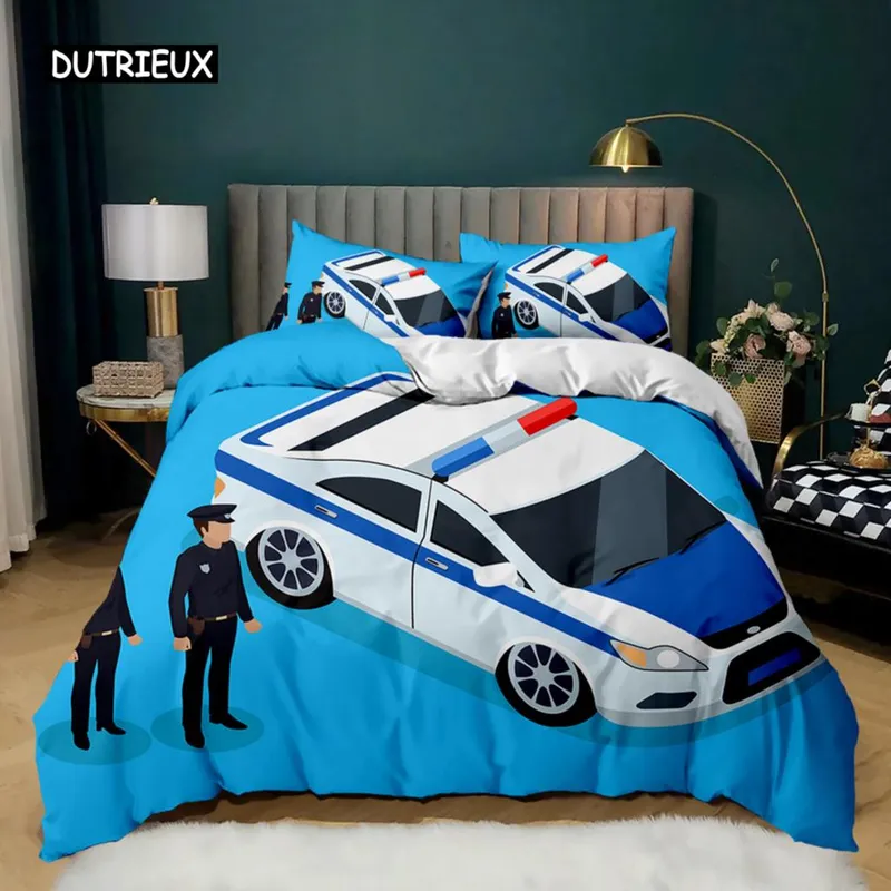 Politibil Dynetrekk Svart Politimann Bil Dobbel Sengetøy Sett Tegneserie Kjøretøy Dyne Trekk Røde Politi Lys Polyester Dynetrekk EU single(135x200cm)