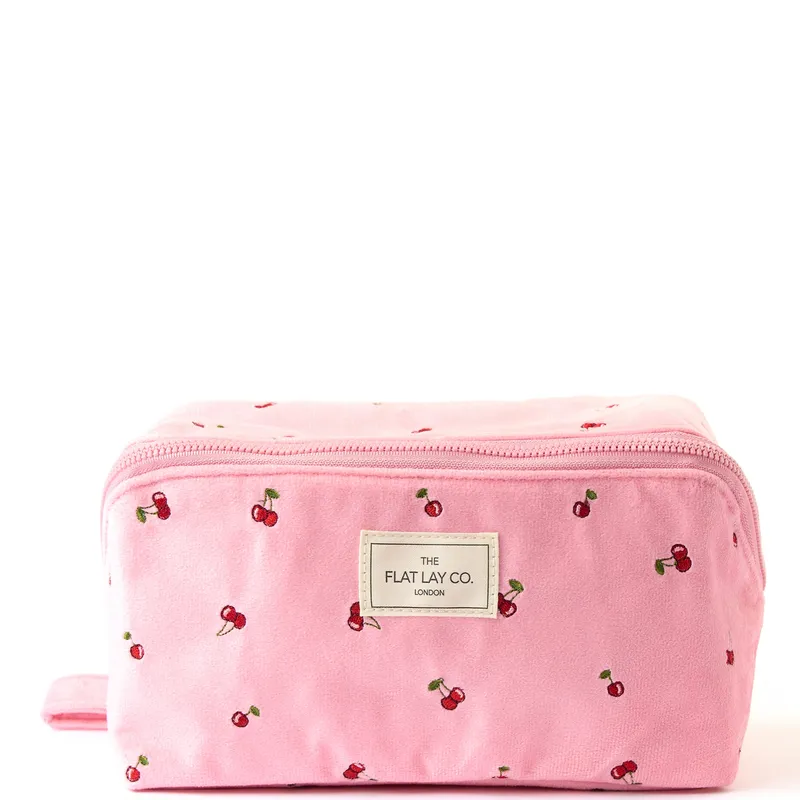 The Flat Lay Co. Flat Lay Makeup Box Bag – Ditsy Cherries Pink Embroidered Velvet