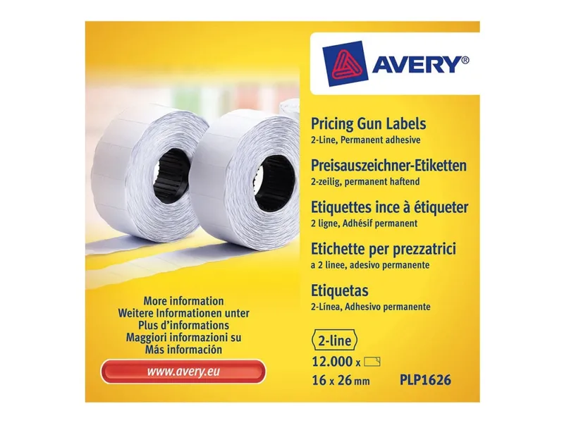 Etikett avery, för prispistol, 2 rader, 26 x 16 mm, vit, 10 rullar