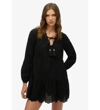 Superdry för kvinnor. W8011914A Broderie kort klänning svart (XS), Casual, Syntetisk, Lång ärm