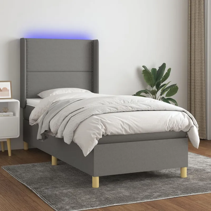 vidaXL Ramsäng med madrass & LED mörkgrå 90×190 cm tyg (#3676)