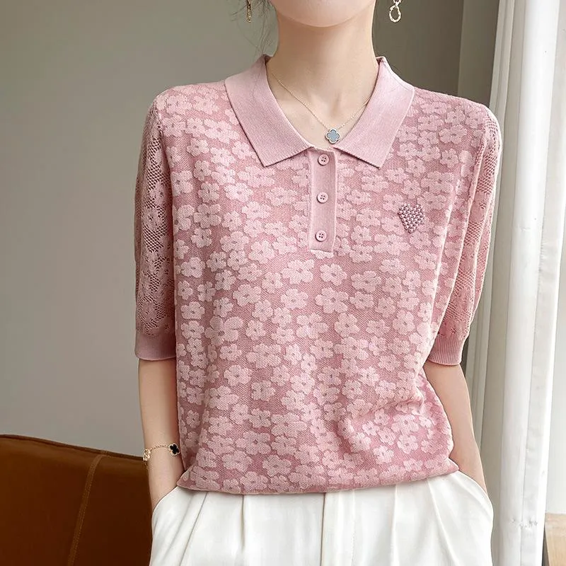 POLO Genser Tennis Kortarmet Sommer Dame Tynn Allsidig Aldersreduserende Casual Topp XL
