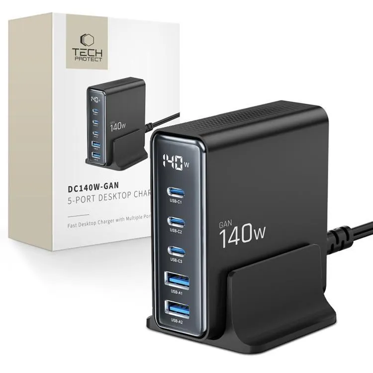 Tech-Protect DC240W-GaN Charging Station 6 Ports 4 x USB-C 2 x USB-A 240W QC3.0 - Black USB Hub - USB 3.0 - 6 porte - Svart