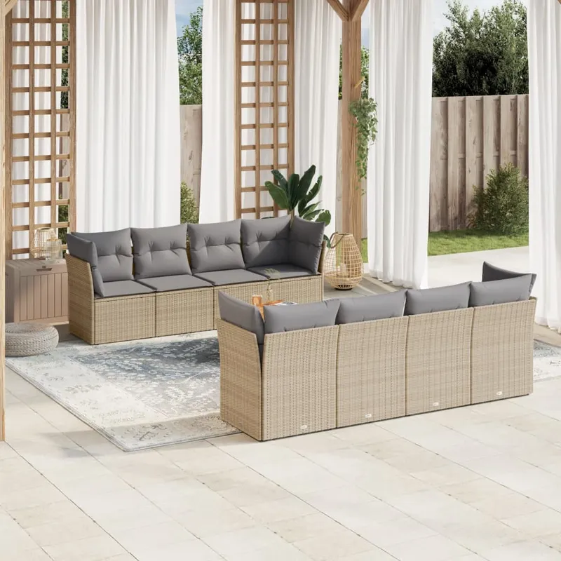 vidaXL Soffgrupp för trädgård med dynor 9 delar mixbeige konstrotting (#8273)