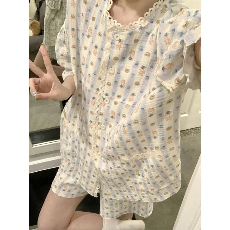 Damespyjamas Sommer Kort Ermet Nattøysett Tegneserie Søt Bjørn Trykket Pyjamas Dame Volang Hjemmenattøy Sett Cardigan XXL (#8327)