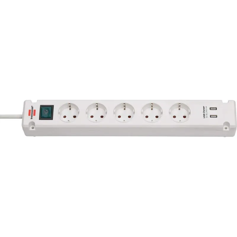 Bremounta uttagslist 5-vägs med 2 USB-laddningsuttag vit 3,00 m H05VV-F 3G1,5 TYPE F