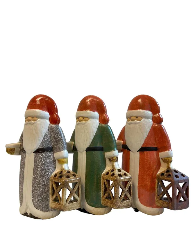 Gustavsberg – 3 st Stor Tomte med lykta grön , röd & grå design Lisa Larson
