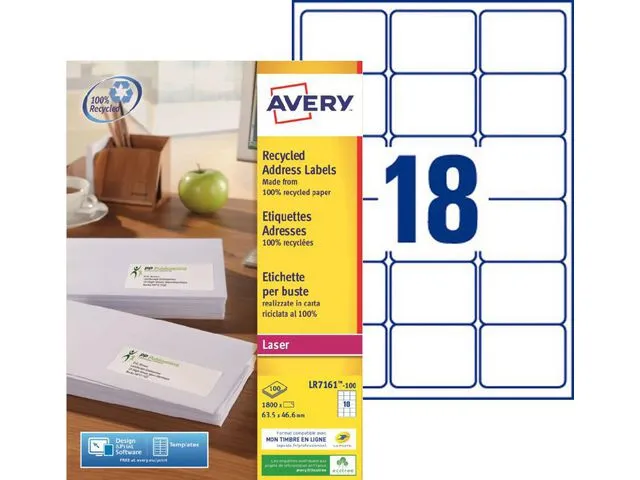 Etikett AVERY återv. 63,5×46,6mm 1800/fp