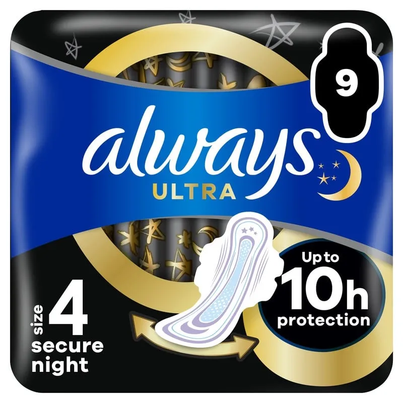 Always Ultra Bindor Secure Night S4 Med Vingar 9 st