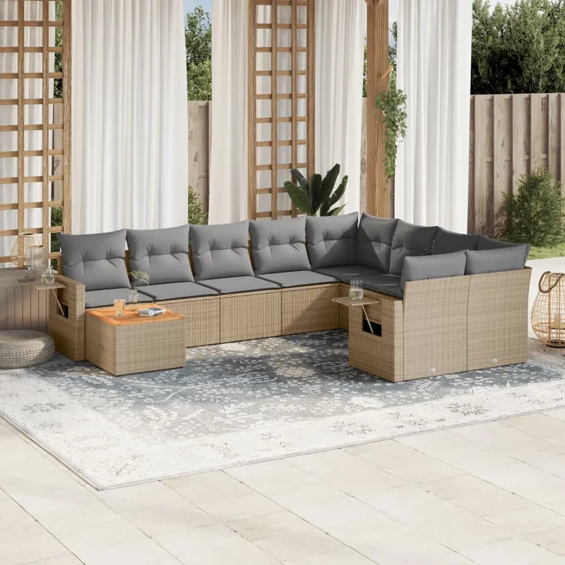 vidaXL Soffgrupp för trädgård med dynor 10 delar beige konstrotting (#5921)