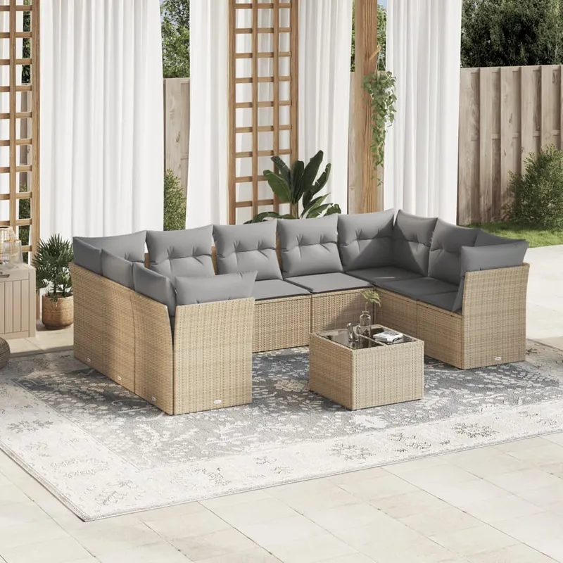 vidaXL Soffgrupp för trädgård med dynor 10 delar beige konstrotting (#7403)