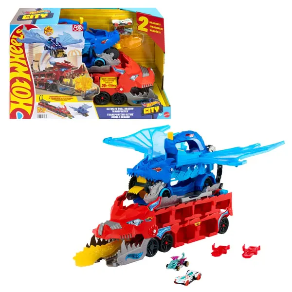Hot Wheels City Ultimate Dual Dragon Transporter och 2 leksaksbilar i skala 1:64