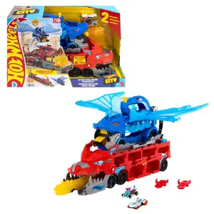 Hot Wheels City Ultimate Dual Dragon Transporter och 2 leksaksbilar i skala 1:64